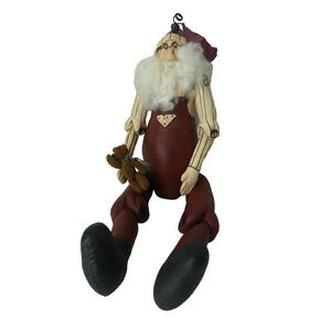 Vtg Fabric Mache Santa Jointed Shelf Sitter Teddy Bear Bell Hat 23" Christmas